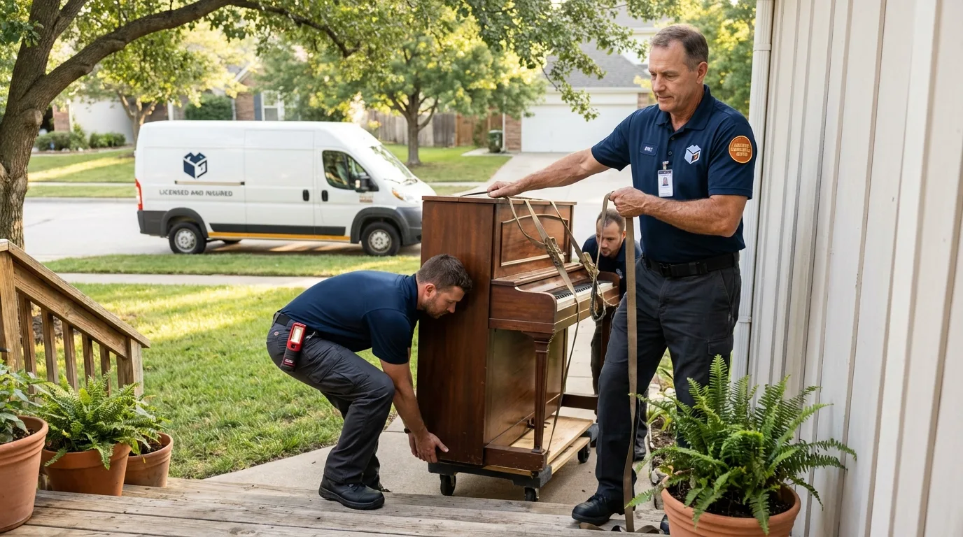 Licensed piano movers securing grand piano in Freeland, PA