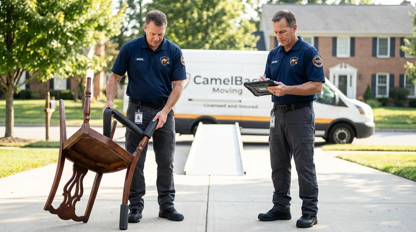 Movers inspecting furniture for damage prevention before loading in Freeland, PA