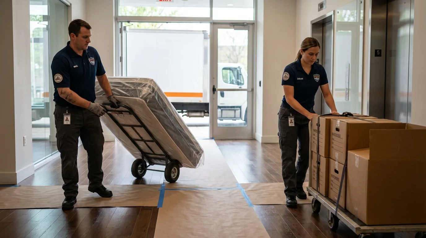 Professional apartment movers loading elevator in Freeland, PA